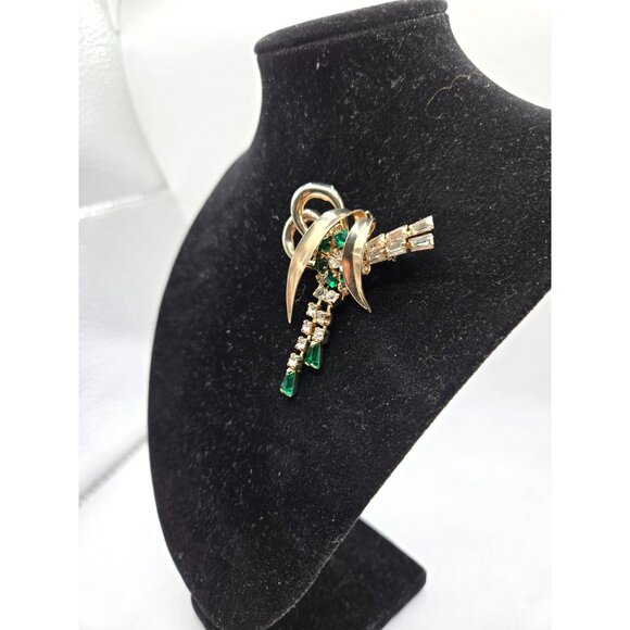 Vintage Signed Scitarelli Emerald Green Rhinestone Brooch GP Austrian Crystal - Picture 4 of 6